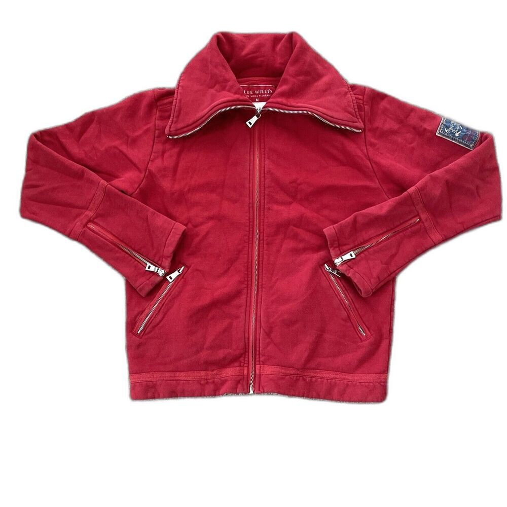 Mens Blue Willi’s Red Cotton Full Zip Sweater MEDIUM Zipper Pockets Designer‎